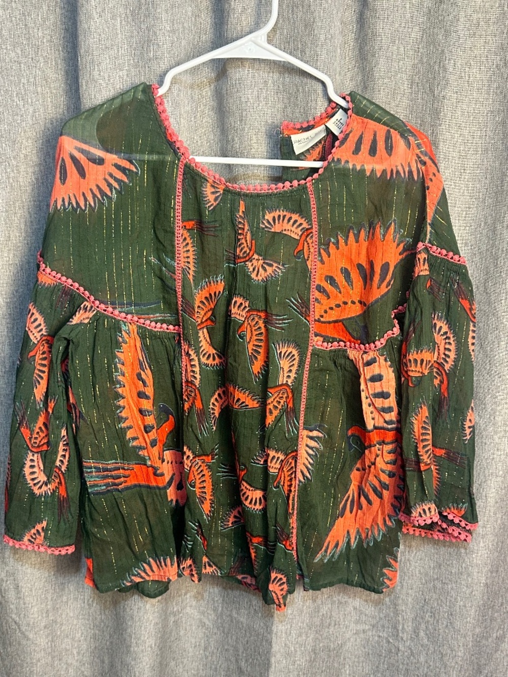 Rachel Zoe Boho Bird Print Lace Trim Blouse Metallic Pinstripe Green Orange M